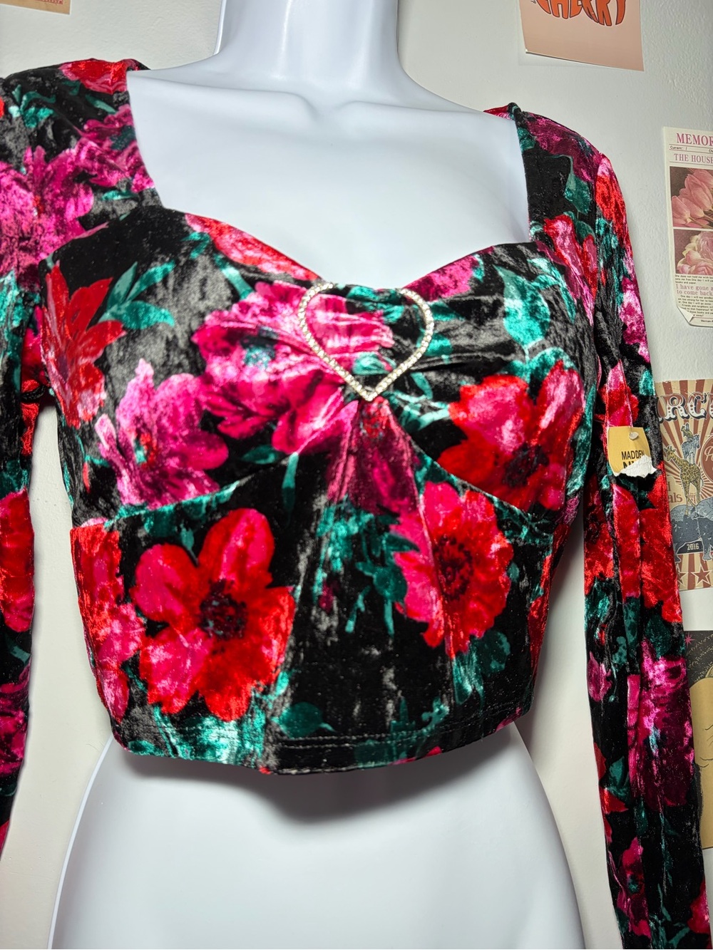 Velvet Floral Long-Sleeve Cropped Top - Black with Red & Pink Flowers - Picture 3 of 4